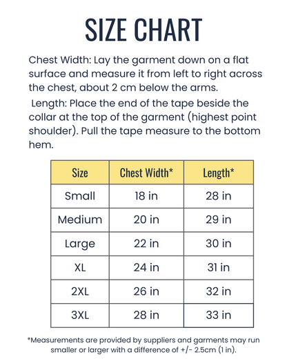 A size chart for the t-shirts. Chest width ranges from 18in to 28in, increasing by 2 inches per size. Length ranges from 28in to 33in, increasing by 1 inch per size.